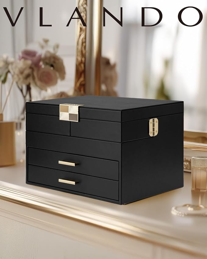 VLANDO 4 Layers Jewelry Box - Women Jewelry Box with Retractable Tray - Jewelry Organizer with Drawer for Necklaces, Rings, Bracelets, Earrings, Gift for Couples Mom Girls - Black