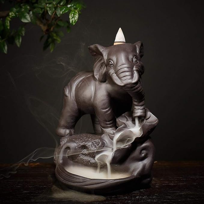 Backflow Incense Holder Burner Handmade Ceramic Incense Cones Sticks Holder Home Decor Waterfall Backflow Incense Burner Censer + 10 Backflow Incense Cones Gift (Elephant)