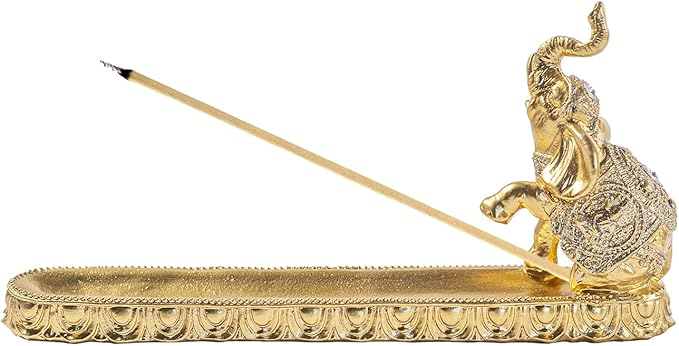 Decorative Gold Elephant Incense Holder Tray, Ornate Design with Trunk Up Figurine, Home Decor Accent Piece