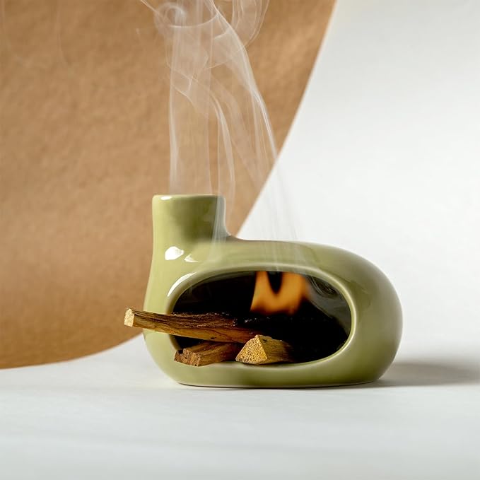 MOUGIGI Palo Santo Holder Burner - Modern Chiminea Incense Dish for Palo Santo Sticks and Cones - Ceramic Meditation Gift with Natural Polished Surface - Perfect for Yoga, Aromatherapy