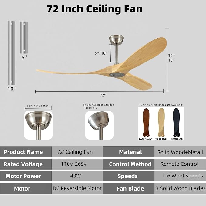 72 Inch Outdoor Ceiling Fan Without Light, Wooden Ceiling Fan with Remote Control, Silent Reversible DC Motor, Modern 3 Blades, Suitable for Indoor Terrace, Living Room, Bedroom
