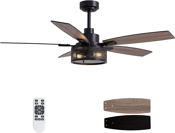 LuminFan 52 Inch Ceiling Fans with Lights and Remote Control, Farmhouse Ceiling Fan for Bedroom Living Room and Patio, Black Caged Ceiling Fan for Indoor and Outdoor