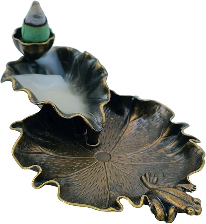 Backflow Incense Holder Bronze Waterfall Insense Burner with 30 Cones in Different Fragrances Lotus and Frog Design Copper Metal Zen Decor for Home Living Room Yoga Room
