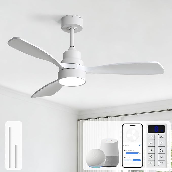 Sofucor 48 Inch Smart Ceiling Fans with Lights for APP/Remote/Voice Control | Flush&Downrod Mount, White Wood Blade,1/4/8 H Timer, 3CCT Dimmable 6 Speed, Quiet DC Motor, Outdoor Bedroom/Living Room/Patio