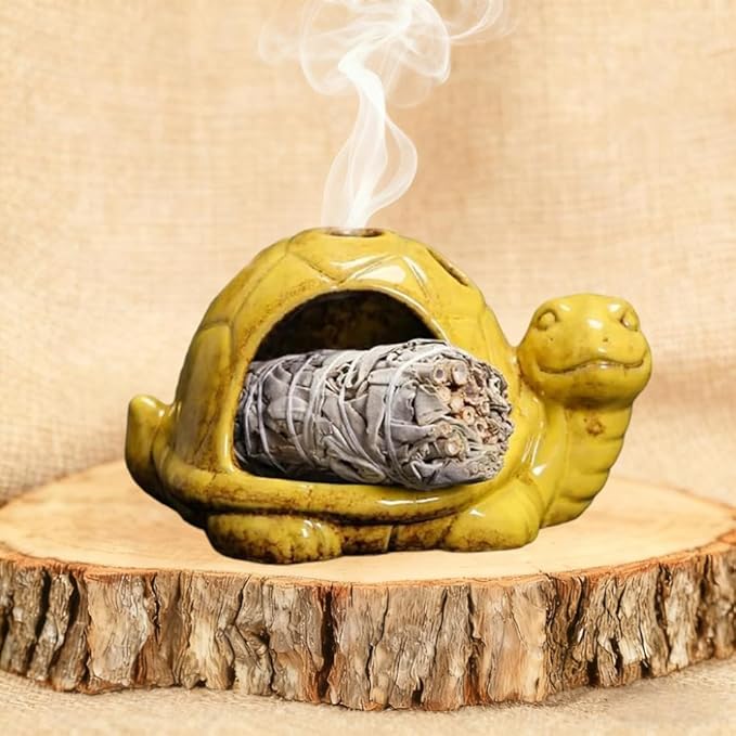 Ceramic Turtle Mini Chiminea- Multifunctional Incense Holder for Sage, Cone Incense, Copal & Small Candle | Aromatherapy Gift for Meditation, Yoga, Zen Spaces | Indoor Use, Hamster Nest Decor (Yellow)