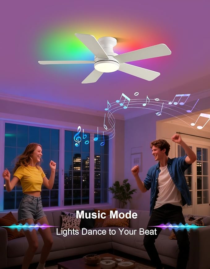 42" RGB Ceiling Fan with Light, App & Remote Controlled Flush Mount Ceiling Fan, Music Sync Lighting, 6-Speed Quiet Reversible DC Motor, 4CCT Dimmable for Bedroom Living Room, White