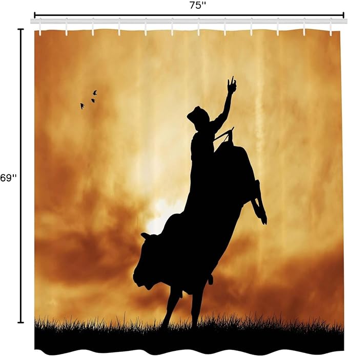 Ambesonne Western Shower Curtain, Bull Rider Silhouette at Sunset Dramatic Sky Rural Countryside Landscape Rodeo, Cloth Fabric Bathroom Decor Set with Hooks, 69" W x 75" L, Amber Black