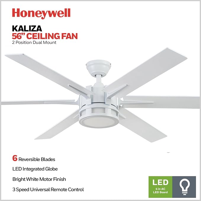 Honeywell Ceiling Fans Kaliza Modern 56 Inch Ceiling Fan with Light, Remote Control Fan, LED Indoor Fan with 6 Blades, Gray Wash and White Blade Finish Options, White (51477-01)