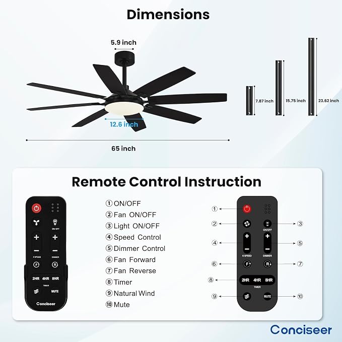 Conciseer Modern 65 Inch Ceiling Fans with Lights and Remote for Living Room Home Office Indoor/Outdoor,3CCT LED 36W, Dual Color 8 Blades 6 Speed Reversible Quiet DC Motor, Black/Wood Grain