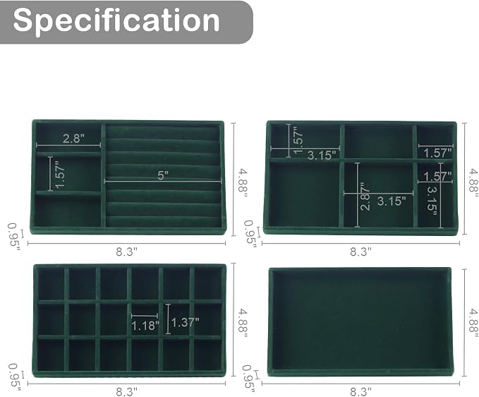 Set of 8 Stackable Jewelry Organizer Stackable Trays for Drawers,Jewelry Drawer Inserts Container Display Case Storage for Earring Necklace Rings Bracelet with Removable Dividers-Green