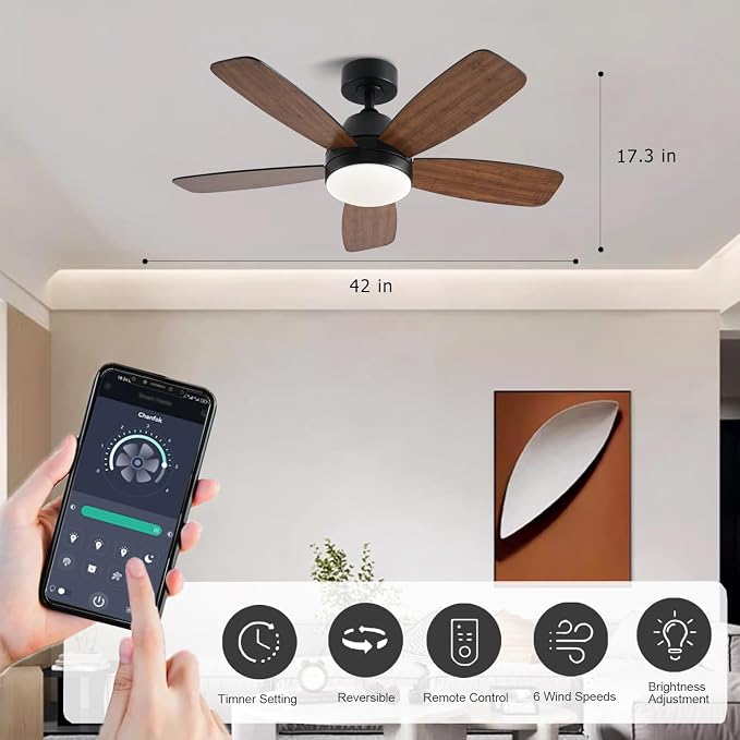 GJeg Ceiling Fans with Lights, 42 Inch Low Profile Ceiling Fan with Lights and Remote Control, LED Dimmable DC Reversible, 8 Speed, Noiseless, Modern Brown Ceiling Fan for Bedroom, Indoor/Outdoor Use