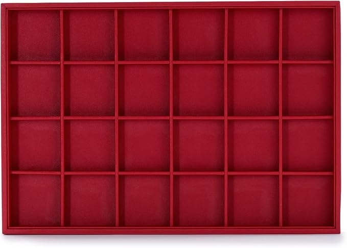 Oirlv Red Leather Jewelry Organizer 24-Grid | Red Leather Exterior, Soft Microfiber Interior, 35X24X3Cm, Vibrant Red Color, Removable Dividers, Great for Retail Display