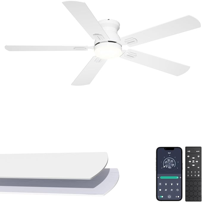 52'' Low Profile Ceiling Fan with Lights for Bedroom, Living Room | App/Remote Control, Flush Mount, Space-Saving, Quiet DC Motor, 3CCT Dimmable, 6 Speeds Modern Overhead Fan for Low Ceilings
