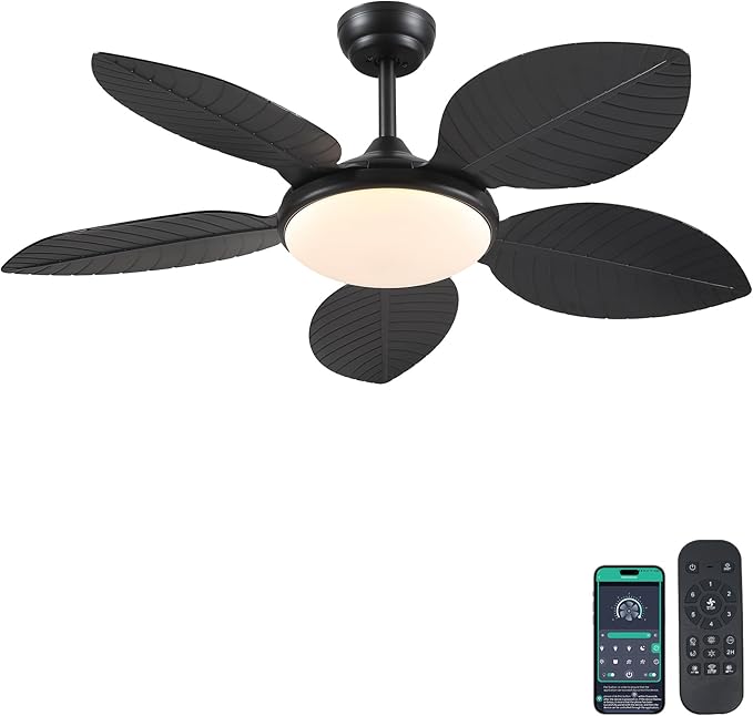 Wiviniya 48 Inch Tropical Ceiling Fans with Lights, Palm Leaf Outdoor Ceiling Fan with Light for Patios Porch Bedroom Living Room, Remote/APP Control, Reversible Quiet DC Motor, Dimmable LED, Black