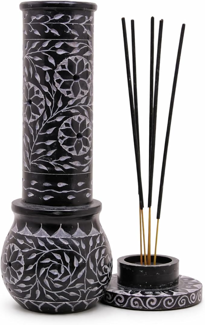 Hand Carved Marble Soapstone Incense Stick Holder – Black Incense Burner with Ash Catcher Base, Tea Light & Camphor Holder, Decorative Home & Puja Decor (3 x 3 x 10 Inch).