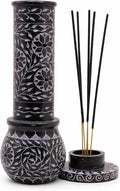 Hand Carved Marble Soapstone Incense Stick Holder – Black Incense Burner with Ash Catcher Base, Tea Light & Camphor Holder, Decorative Home & Puja Decor (3 x 3 x 10 Inch).