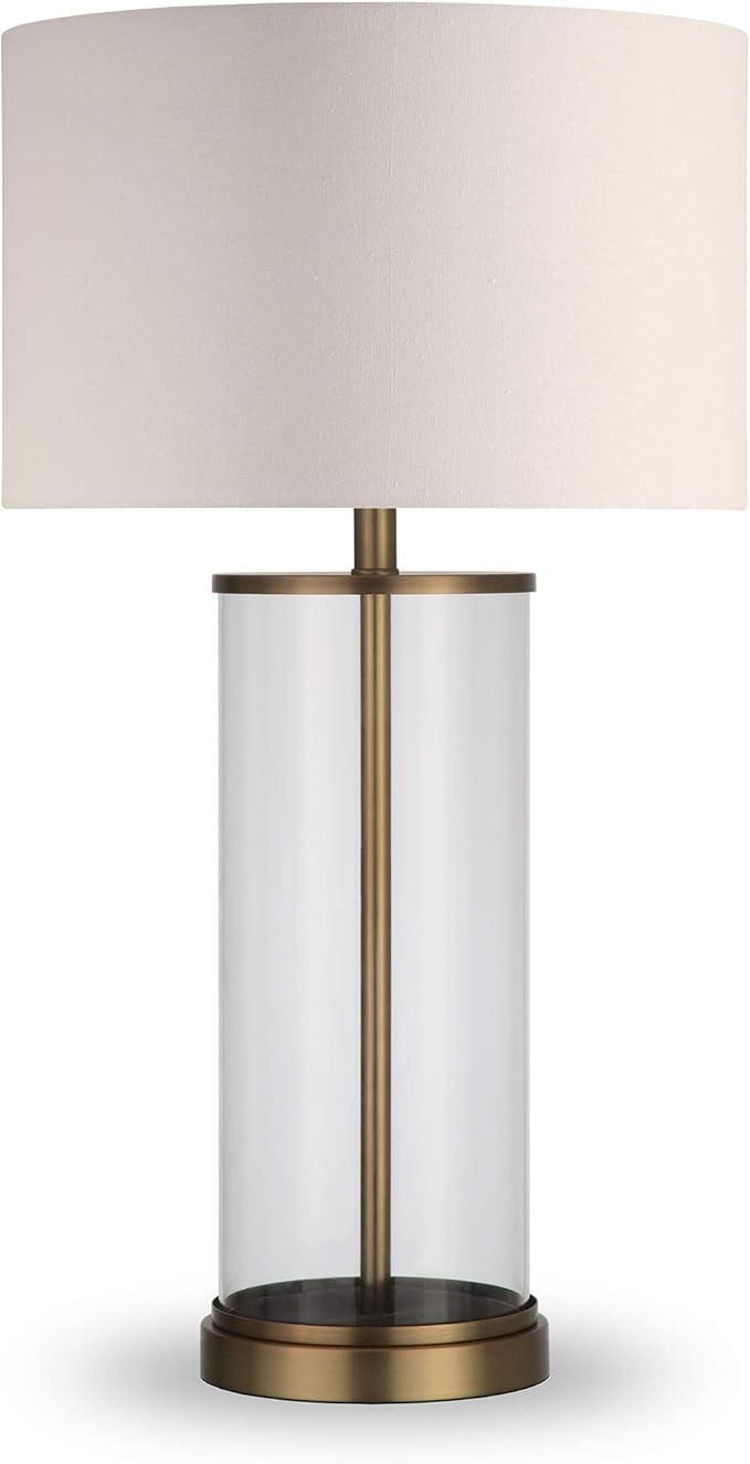 Henn&Hart 28" Tall Table Lamp with Fabric Shade in Antique Brass/White, Lamp, Desk Lamp for Home or Office