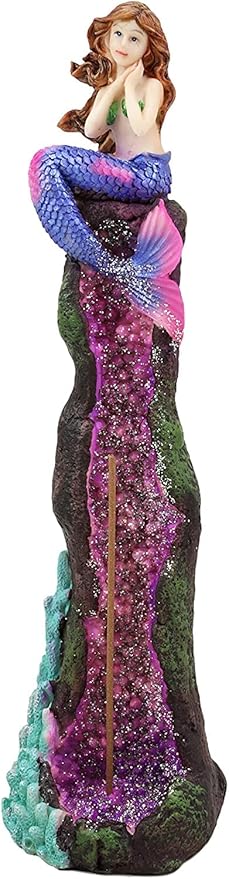 Ebros Gift Beautiful Ocean Mermaid Ariel Sitting On A Purple Quartz Crystal Quarry Coral Reef Pillar Tower Incense Burner Sculpture Nautical Mermaids Fantasy Figurine