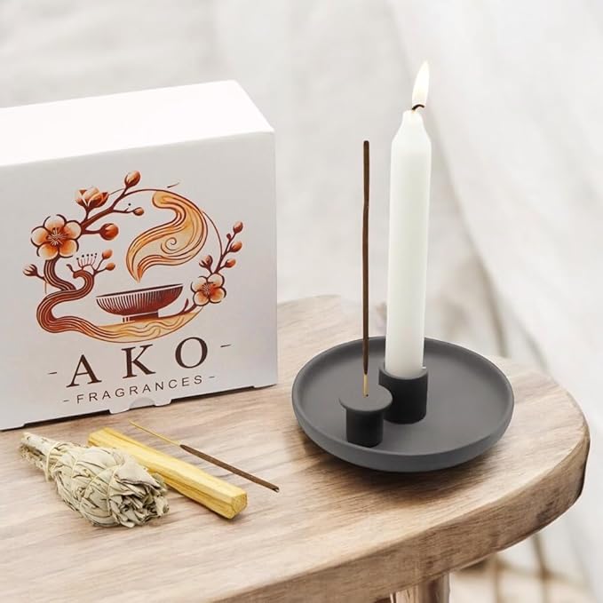 4 in 1 Incense Burner Holder - Multi-Purpose Ceramic Incense Stick Holder, Palo Santo Holder for Clean Burning, Sage Meditation Burner Set, Candle Holder for Aromatherapy (Matte Charcoal Black)