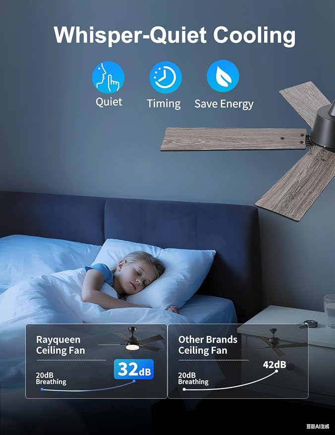 Rayqueen 42 Inch Black Ceiling Fans with Lights and Remote,Includes Downrod | 6 Speed Reversible DC motor,3-color temperature dimmable LED.For indoor/covered outdoor.Modern style for bedroom room