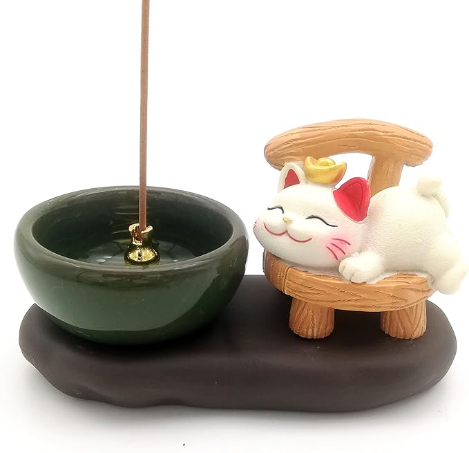 Cute Cat Stick Incense Holder, Japanese Ceramic Burner Tray Set, Rustic Ash Catcher Desktop Home Office Decor Meditation Yoga Spa Zen Aromatherapy