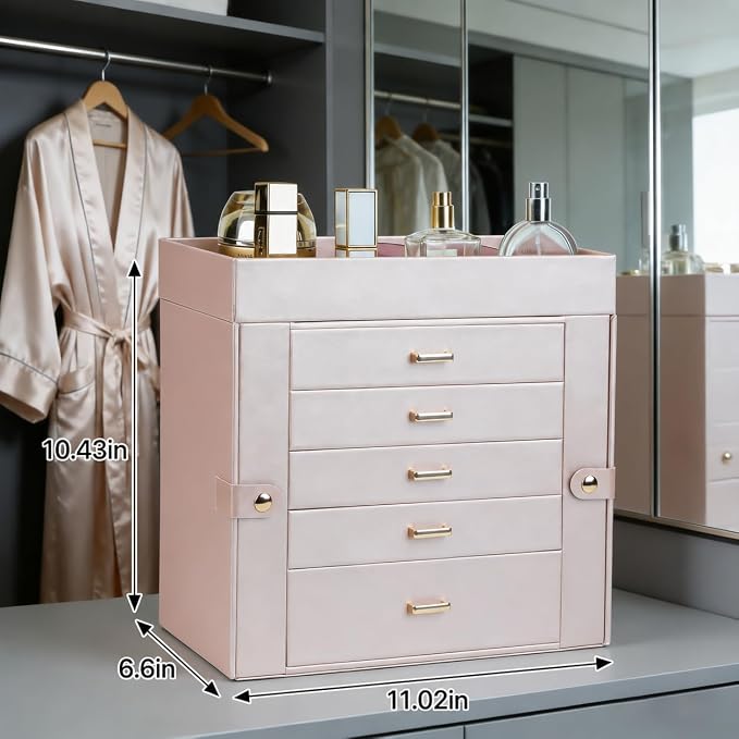BOOVO Large Jewelry Boxes For Women (Rose Gold, 6 Layer) | 6 Layers Jewelry Organizer Box With Cosmetic Storage Drawer, Necklace Ring Jewelry Organizer Box