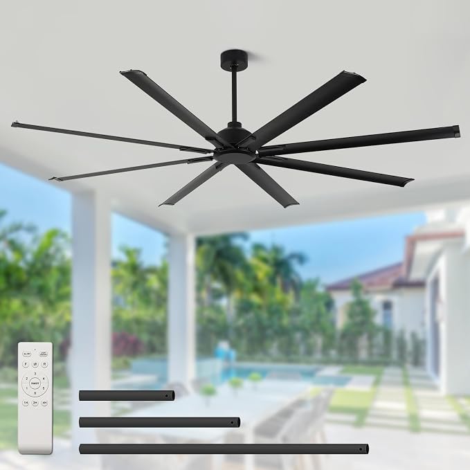 84 Inch Industrial Ceiling Fans without Lights, Large Ceiling Fan with 8 Reversible Aluminum Blades, 6-Speed Remote Control, Home or Commercial Ceiling Fan for Porch, Garage, Shop