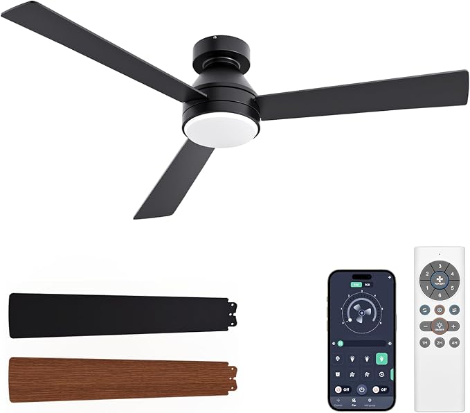 VOLISUN Ceiling Fans with Lights Flush Mount, 52 inch Low Profile Ceiling Fan with Light and Remote, Queit & Reversible Motor,3CCT, Dimmable, Black Modern Ceilings Fans for Bedroom, Living Room