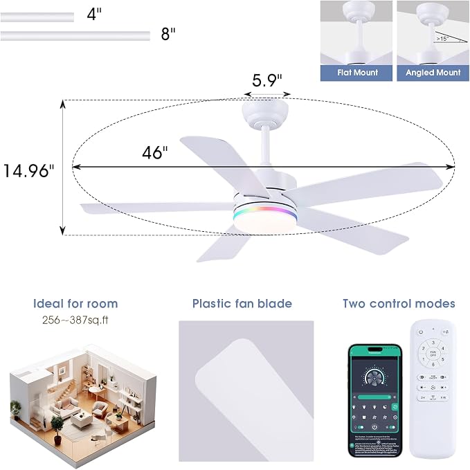 SHIHOT 46" White Modern RGB Ceiling Fans with Lights for Bedroom Kids room | 14 RGB Modes ,Supports Both Remote and APP,6 Wind Speeds, Reversible, Dimmable 3CCT LED Light, 35W Quiet DC Motor,2H Timer