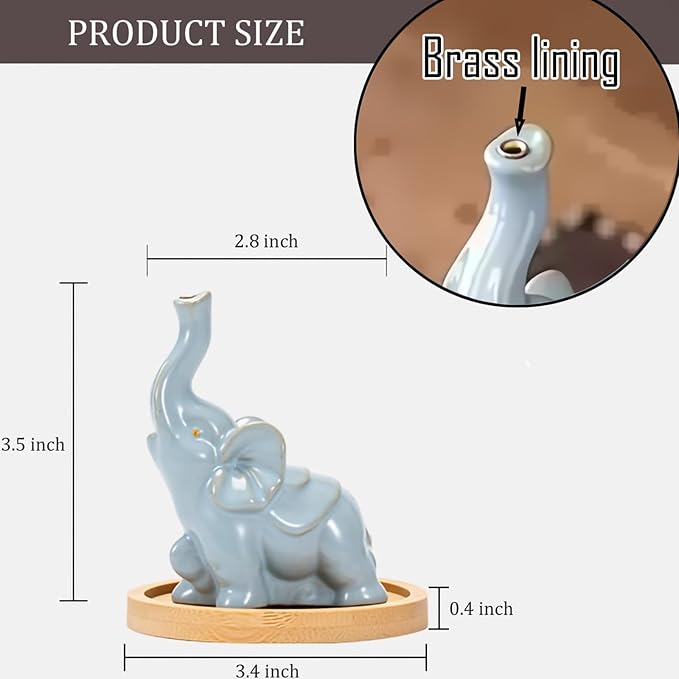 Cute Elephant Incense Holder for Sticks - ZKSYLSM Ceramic Incense Burner with Bamboo Ash Catcher, 3.5" Meditation Decor