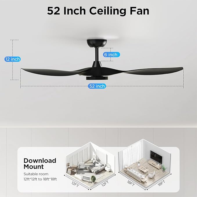 Roomratv Ceiling Fans with Lights, 52 Inch Black Ceiling Fan with Remote Control, Quiet Noiseless Reversible DC Motor 6 Speeds Timers 3 CCT Dimmable Modern Fan Light Indoor for Bedroom Living Room