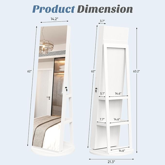 360° Rotating Jewelry Armoire with Full-Length Mirror & LED | Lockable Standing Organizer, Secure Storage For Jewelry, White