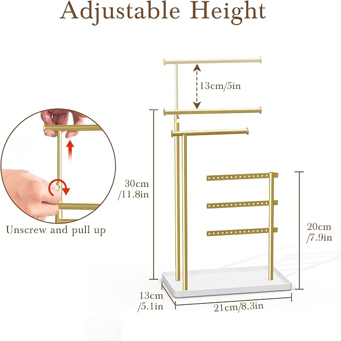 susswiff Jewelry Holder Organizer Stand - Adjustable Tall 17.5" (Max), Sturdy Jewelry Hanger for Necklaces, Earrings, Bracelets, Rings, Jewlery Display and Storage, Gold and White, Metal