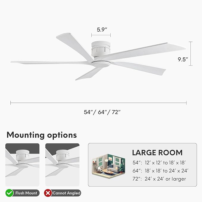 EKIZNSN 72 Inch Outdoor Ceiling Fan, White | No Light, White Blades, White Finish