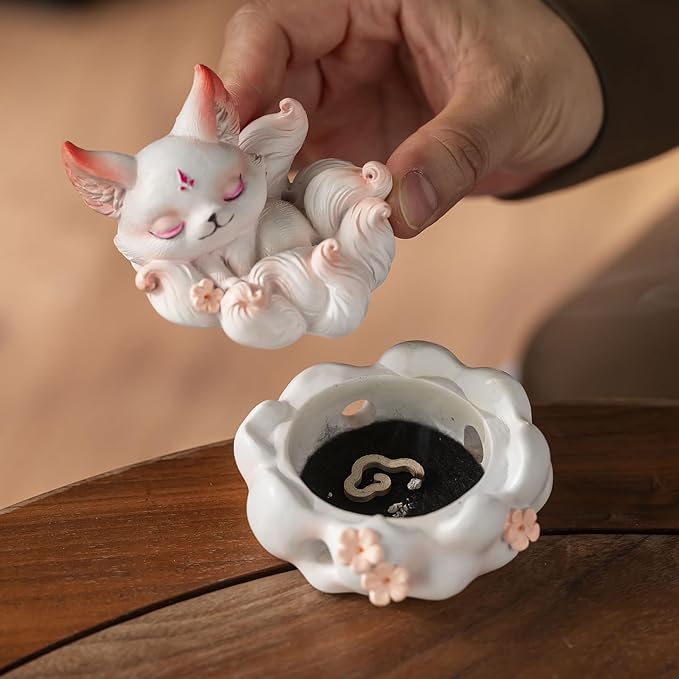 Cute Nine-Tailed Fox Decorative Incense Holder, Resin Sleeping Fox Figurine Cone Coil Incense Burner with Lid, Ash Catcher for Yoga Meditation Spa Home Office Aromatherapy Decor (White)
