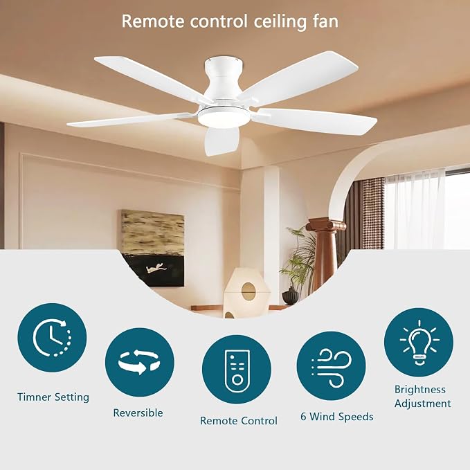JSAITEE Ceiling Fans with Lights, 52 Inch Low Profile Ceiling Fan with Light and Remote Control, Flush Mount, DC Reversible Motor, Noiseless, White 6 Speeds Ceiling Fan for Bedroom