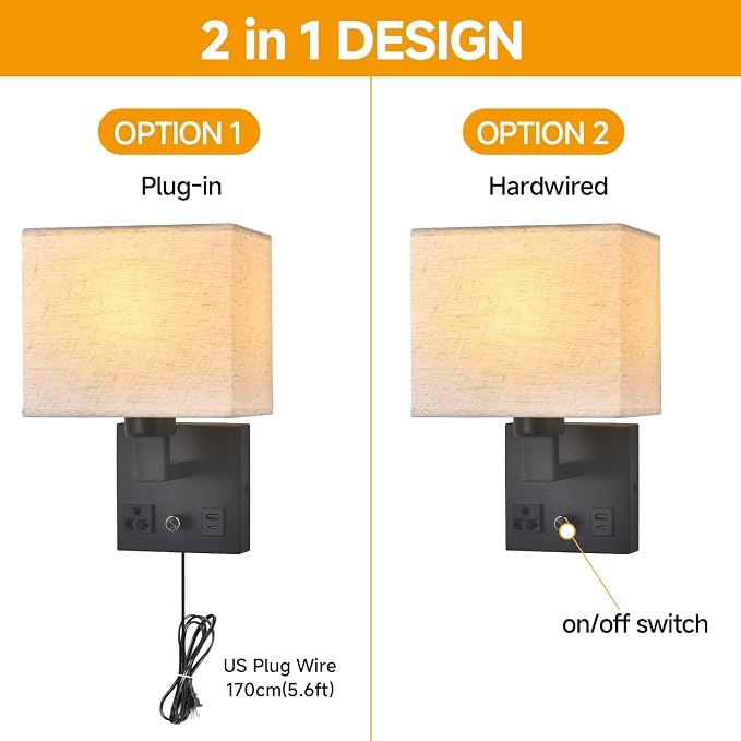 Bedside Wall Lamp for Bedroom, Plug in Wall Sconce - Dimmable Switch with AC Outlet & USB Charging Port, Fabric Shade, Black Wall Mounted Light for Living Room, Hotel (B8045-2Pack)