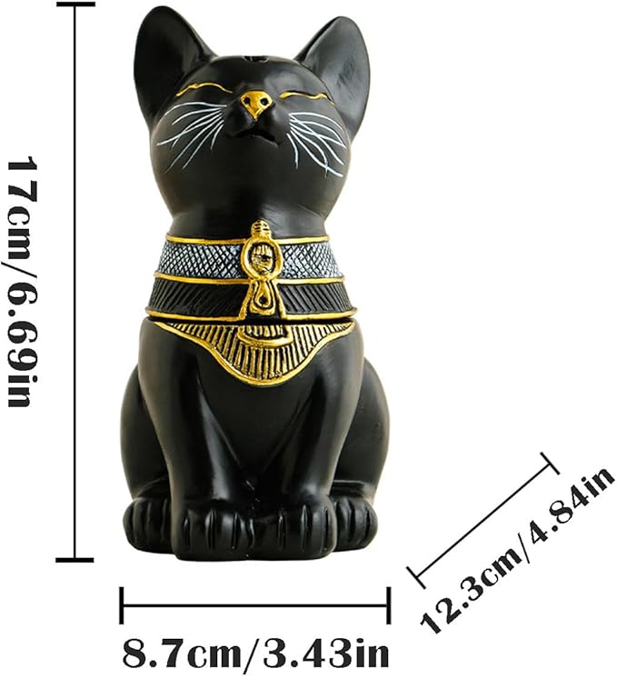 Egyptian Cat Statue Incense Burner, Vintage Resin Meditating Cat Incense Cone Holder, Home Office Aromatherapy Decor for Zen Yoga Spa (Black)