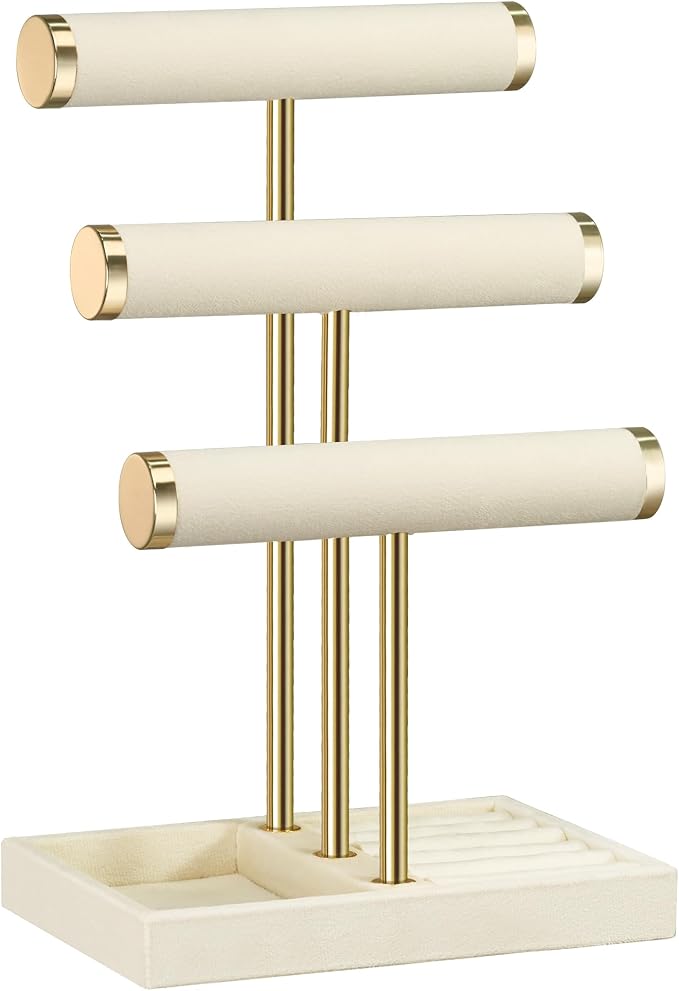 Jewelry Organizer Stand Display, 3 Tier Velvet Bracelet Holder, Beige | Jewelry Organizers and Storage | Jewelry Tree | Jewelry Towers for Necklaces, Bracelets, Earrings, Rings