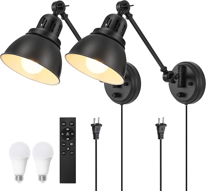 Plug in Wall Sconces Set of Two with Remote, Stepless Dimming & Stepless Colors 2700K-6500K, Swing Arm Wall Lamp, Plug in Wall Light with Night Light & Timer, Hardwired or Plug-in, LED Bulbs Included