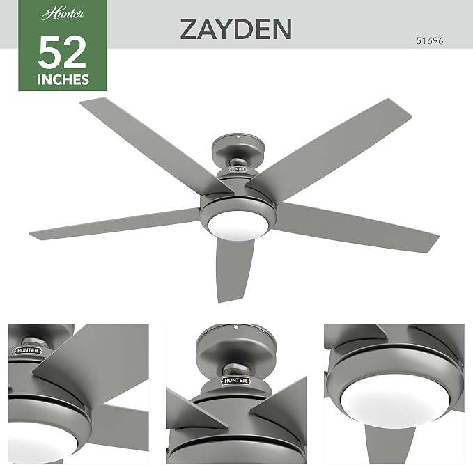 Hunter Zayden, Indoor, Ceiling Fan, Standard Mount, 52 inch, Matte Silver | with LED Light and Remote Control, Quiet, 5 Blades, For Bedroom, Living Room, Kitchen, 51696