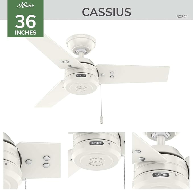 Hunter 36" Cassius Indoor/Outdoor Ceiling Fan, Pull Chain, Fresh White | Covered patios and porches get a no-light design, droop-free blades, compact scale, and easy setup for small spaces.