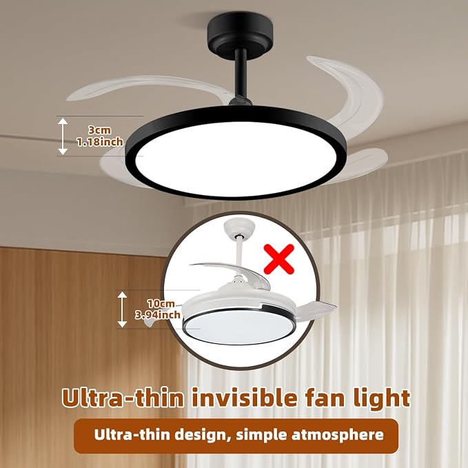 BAYSQUIRREL Slim Retractable Ceiling Fan with Lights and Remote/APP Control,6 Speed Dimmable Reversible Memory Ceiling Fan,42 inch Modern Silent Smart Ceiling Fans for Bedroom Living Room Dinning Room
