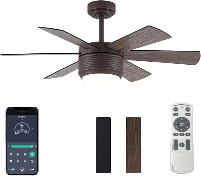 SHOWDI Brown Ceiling Fans with Lights and Remote, Quick Installation, 42 in | 2 Blade Color, Metal Material, App Remote Control, Timer, Reversible, 3CCT, Dimmable for Bedroom, Living room, Indoor
