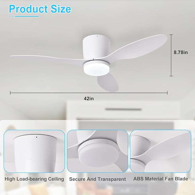 Depuley Flush Mount Ceiling Fan: 42-Inch White Ceiling Fans with Lights for Bedroom Indoor Outdoor - Low Profile Ceiling Fans with Remote Control 24W 3CCT Dimmable 3 Reversible White Blades 6 Speeds