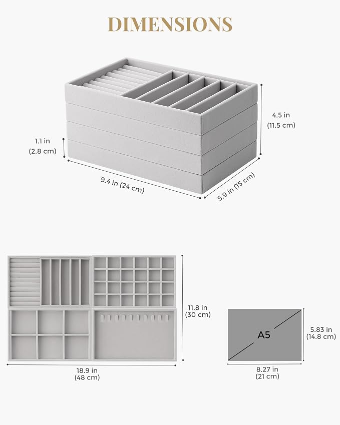 Lolalet Jewelry Drawer Organizer Inserts, Stackable Velvet Tray Jewelry Storage Organizers Set Display Cases for Necklaces Bracelets Earrings Rings Chains Bangles Watches, Grey, Set of 4