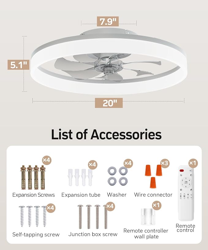 Smart Ceiling Fans with Light and Remote,20" Low Profile Ceiling Fan with 6-Speed & Dimmable LED, Alexa/APP Home Voice Control, App, Reversible Airflow, App Timer, for Bedroom（White）