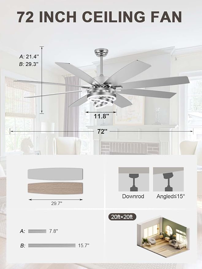 Bella Depot 72 Inch Large Ceiling Fan with Light, Modern Chandelier Fan with Remote APP Control, 6-Speed, Dimmable, Reversible, Timing Option - Ideal for Bedroom Living Room, Garage, and Covered Patio