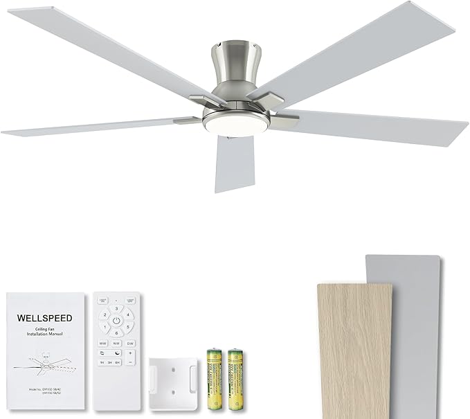 60 Inch Brushed Nickel Flush Mount Ceiling Fans with Lights, 3CCT Dimmable LED, 6-Speed Remote Control, Reversible Motor,Quiet Low Profile Energy-Efficient for Bedroom & Living Room,ETL Listed