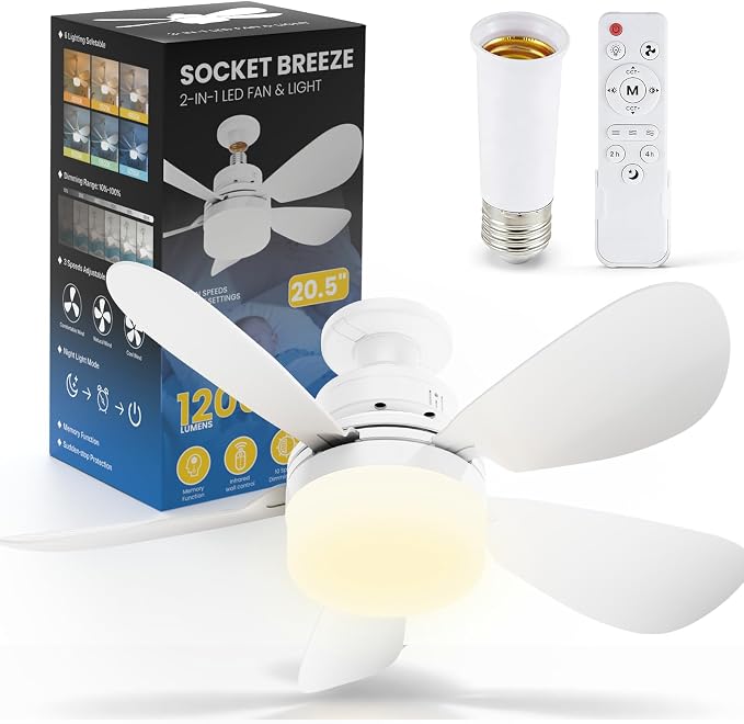 20.5 Inch Ceiling Fans with Lights and Remote, Light Socket Fan 3CCT Dimmable Outdoor, 24DB Noiseless Flush Mount Ceiling Fan Night Light for Bedroom Living Room Patio and Kitchen, White